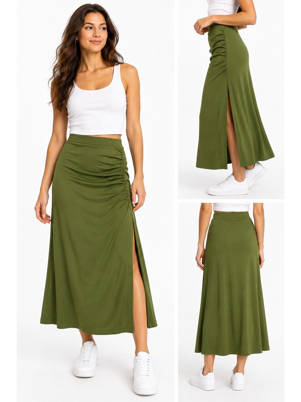 Wilfred Olive Green Ruched Side Slit Skirt Womens XXS A Line Stretch Midi Office